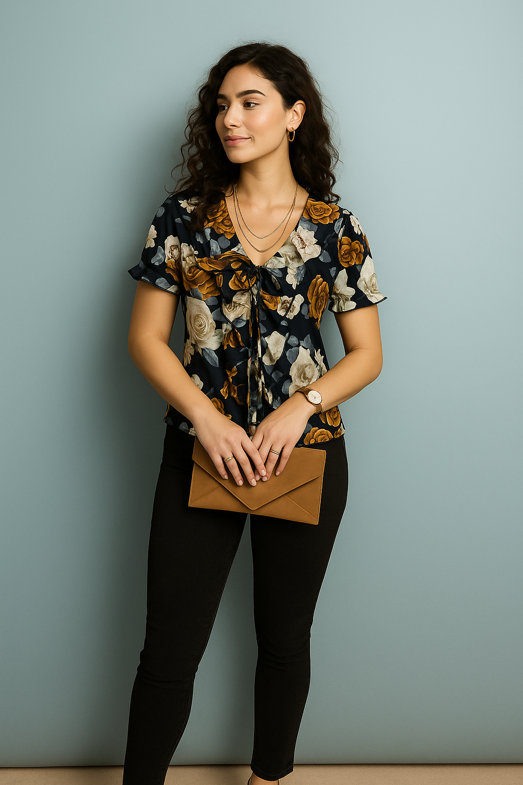 Navy Floral V Neck Satin Short Sleeve Top