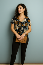 Navy Floral V Neck Satin Short Sleeve Top