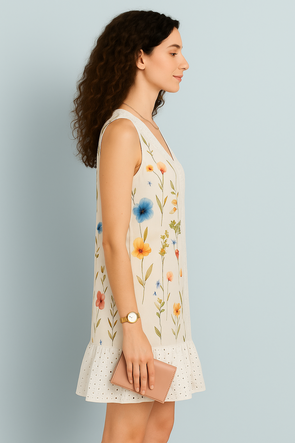 White Sleeveless Floral Lace Hem Cotton Dress