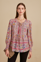 Pink Floral Tie-Neck Top with Puff Sleeves