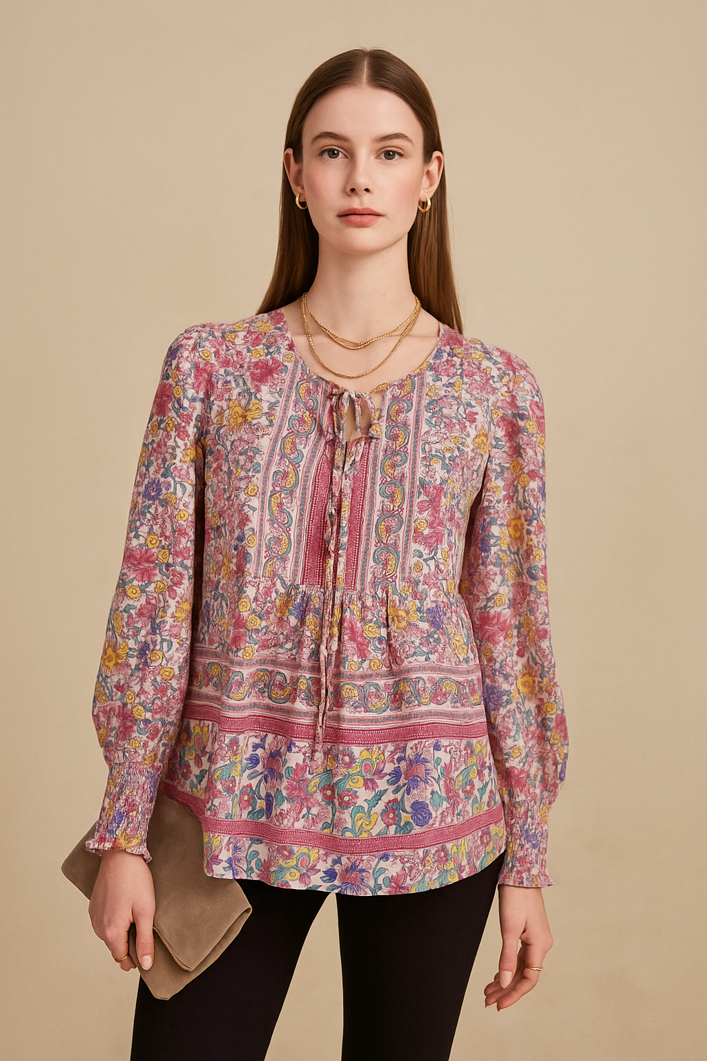 Pink Floral Tie-Neck Top with Puff Sleeves