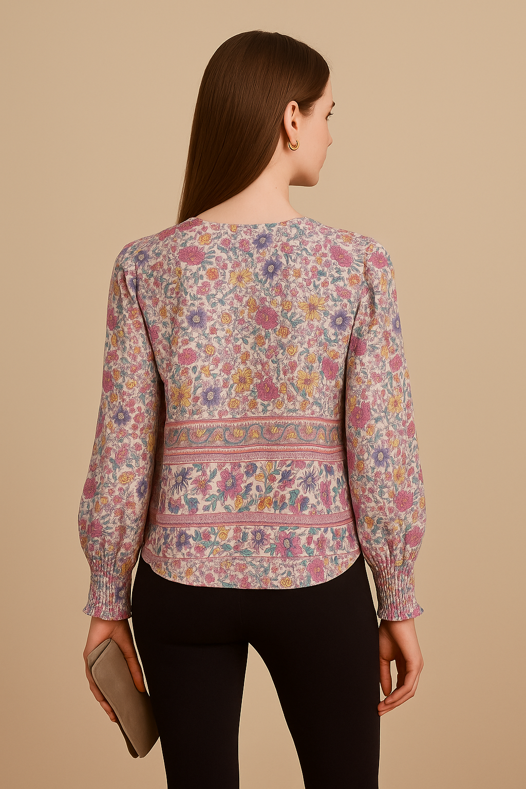Pink Floral Tie-Neck Top with Puff Sleeves