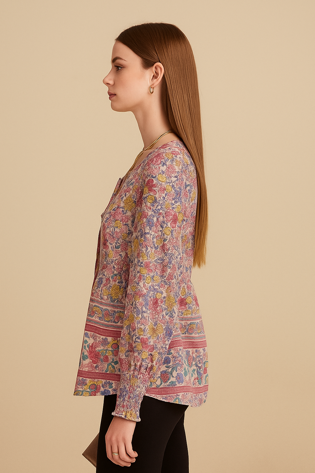 Pink Floral Tie-Neck Top with Puff Sleeves