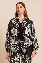 Black Leaf Print Collared Jacket and Trouser Set
