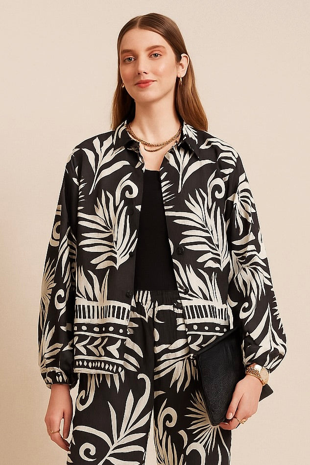 Black Leaf Print Collared Jacket and Trouser Set