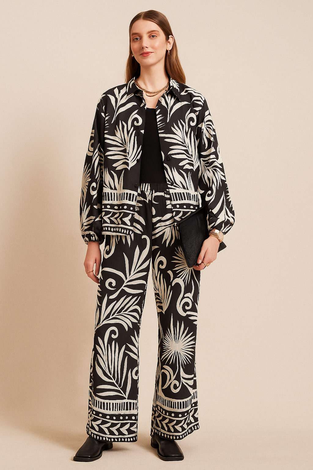 Black Leaf Print Collared Jacket and Trouser Set