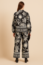 Black Leaf Print Collared Jacket and Trouser Set