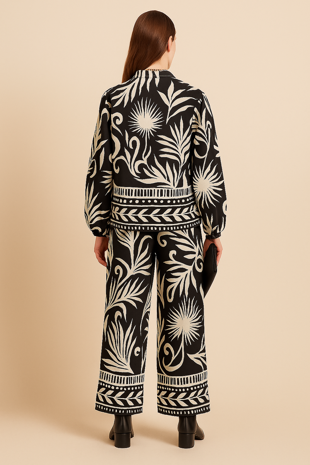 Black Leaf Print Collared Jacket and Trouser Set