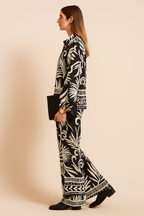 Black Leaf Print Collared Jacket and Trouser Set