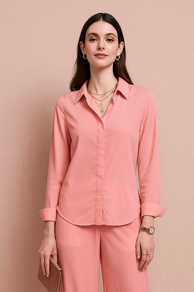 Peach Satin Button-Up Shirt and Wide-Leg Pant Set