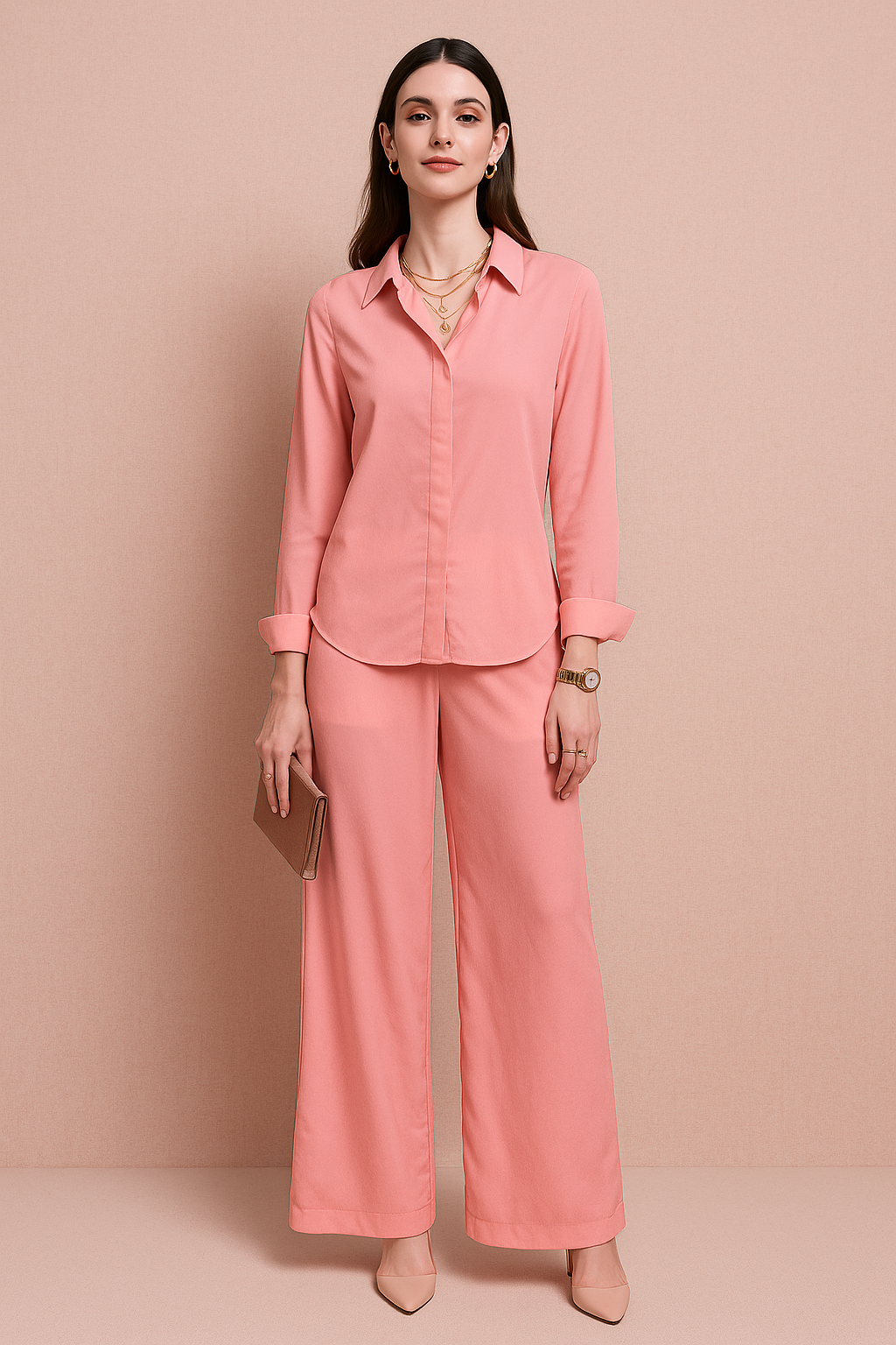 Peach Satin Button-Up Shirt and Wide-Leg Pant Set