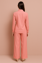 Peach Satin Button-Up Shirt and Wide-Leg Pant Set