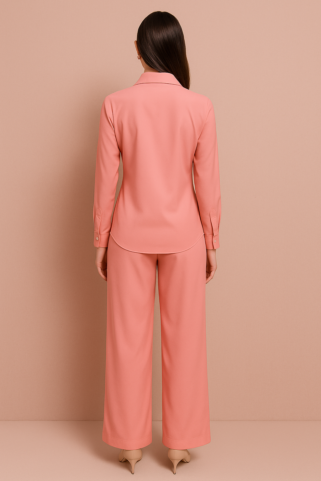 Peach Satin Button-Up Shirt and Wide-Leg Pant Set