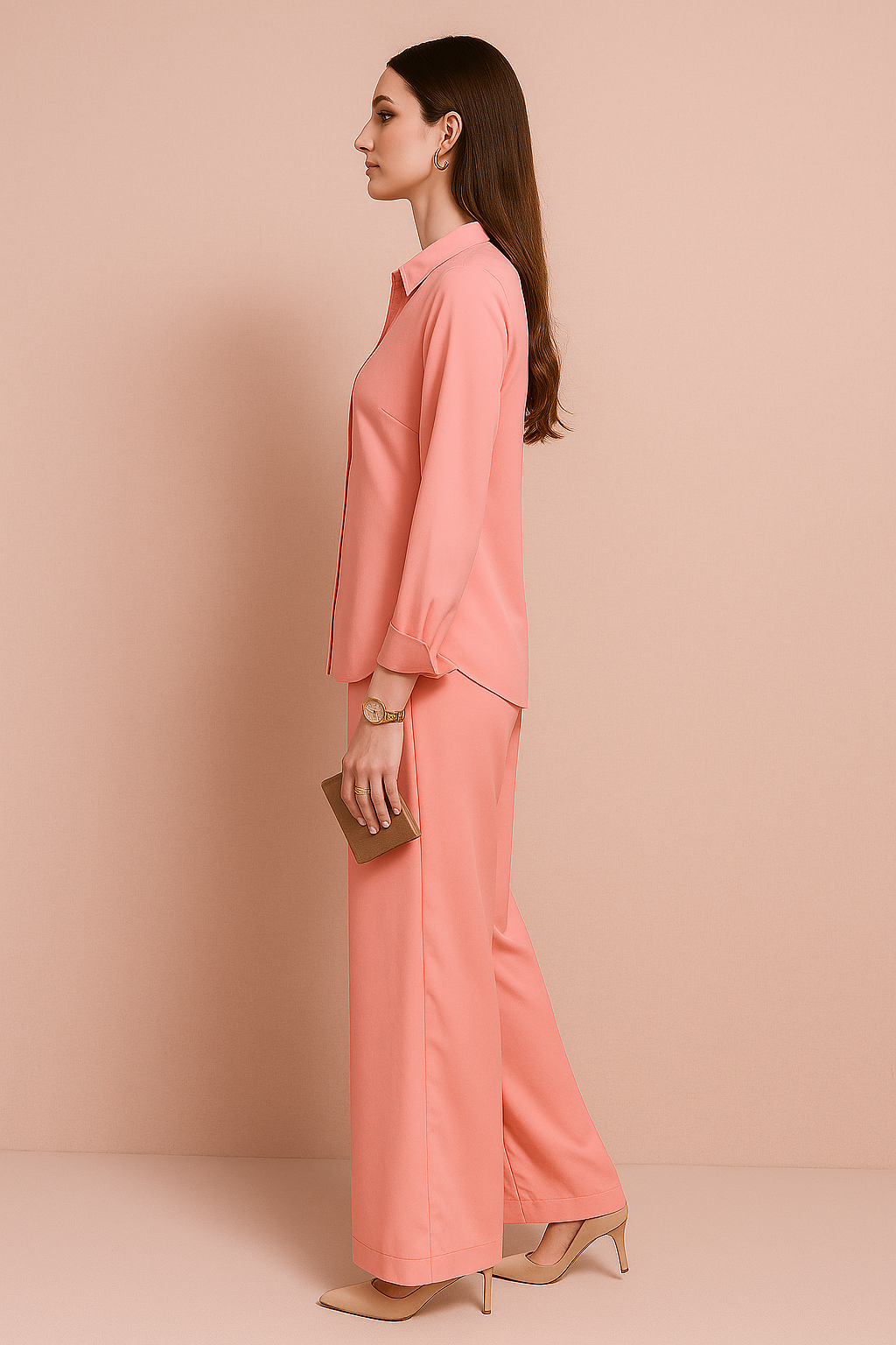 Peach Satin Button-Up Shirt and Wide-Leg Pant Set