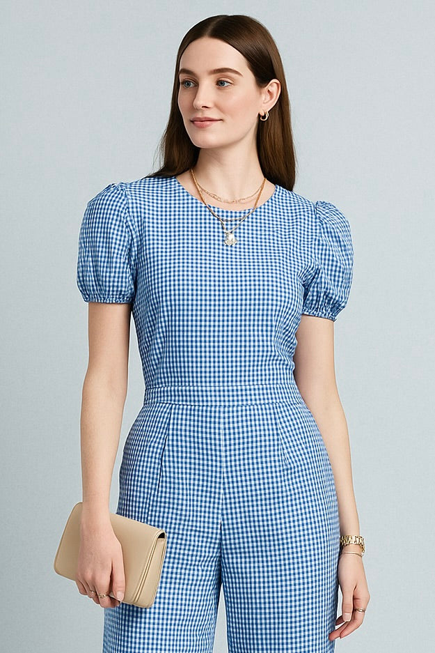 Blue Gingham Puff-Sleeve Jumpsuit with Accessories