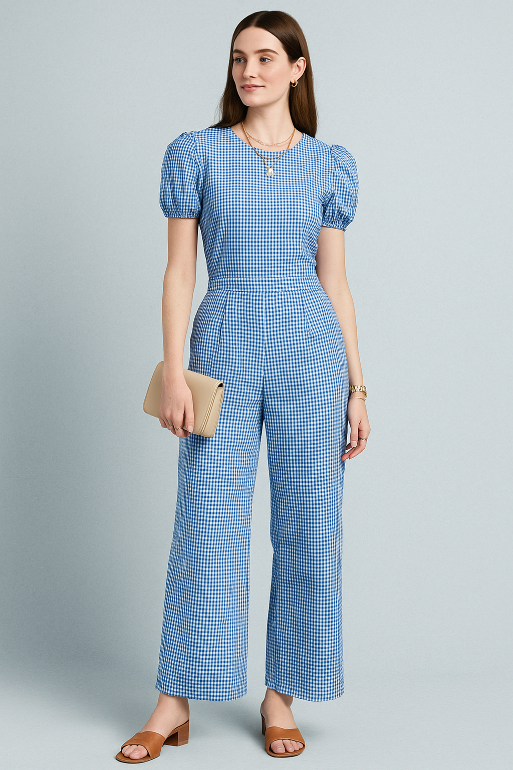 Blue Gingham Puff-Sleeve Jumpsuit with Accessories