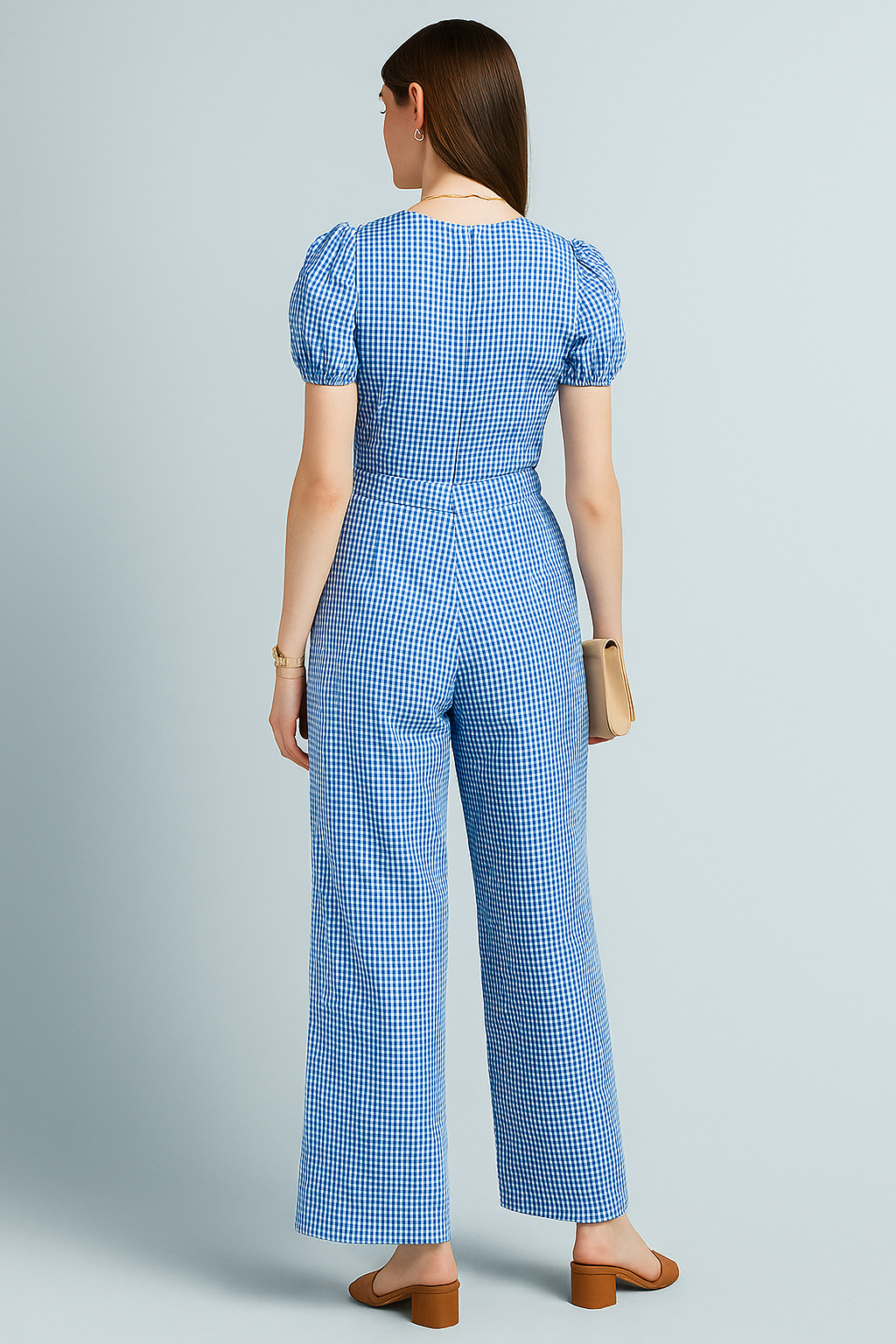 Blue Gingham Puff-Sleeve Jumpsuit with Accessories