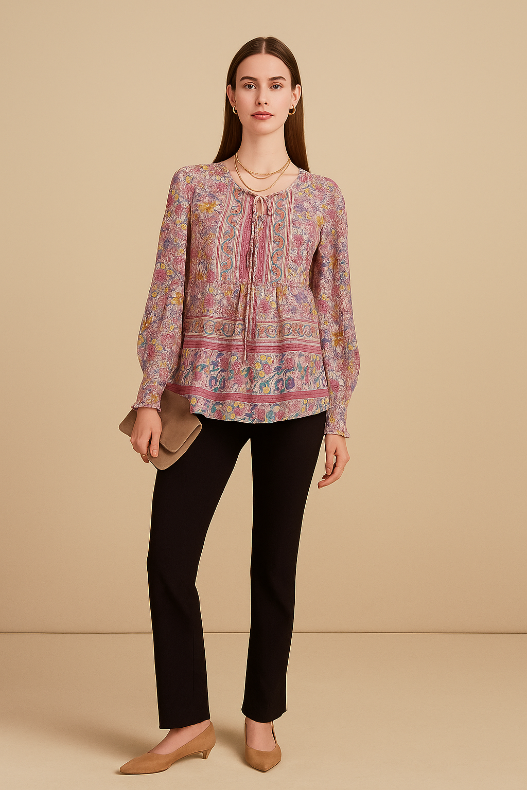 Pink Floral Tie-Neck Top with Puff Sleeves