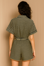 Striped Belted Collared Romper in Black & Beige