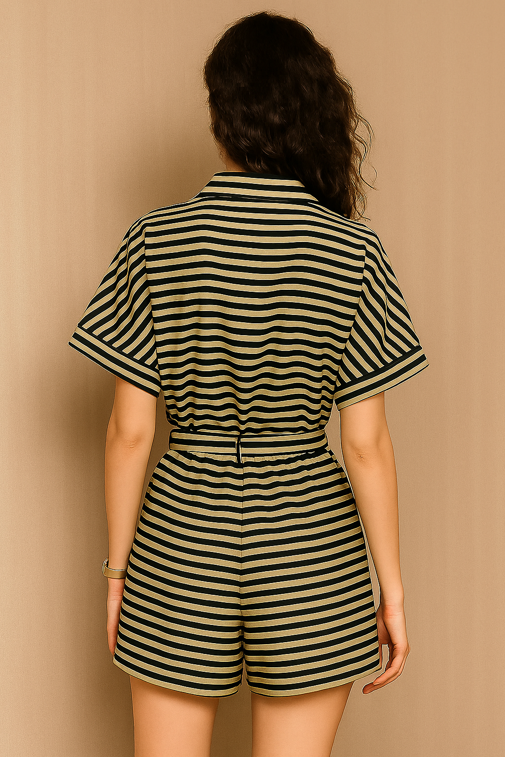 Striped Belted Collared Romper in Black & Beige