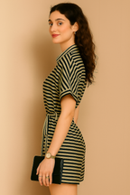 Striped Belted Collared Romper in Black & Beige