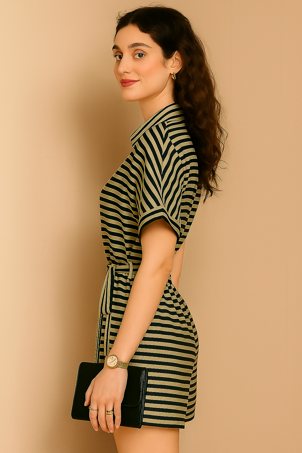 Striped Belted Collared Romper in Black & Beige
