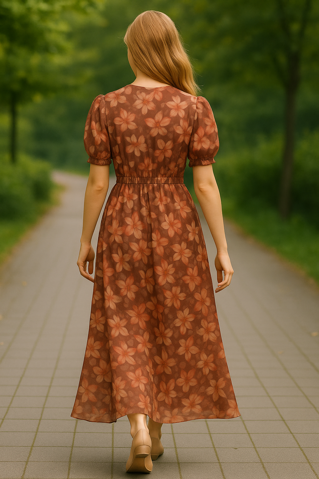 Maroon Floral V Neck Puff Sleeve Georgette Maxi Dress