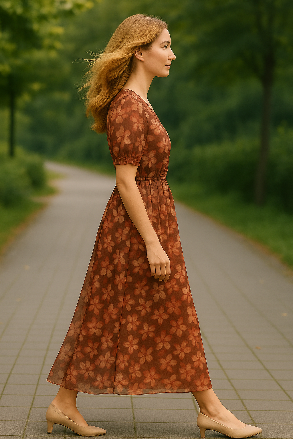 Maroon Floral V Neck Puff Sleeve Georgette Maxi Dress