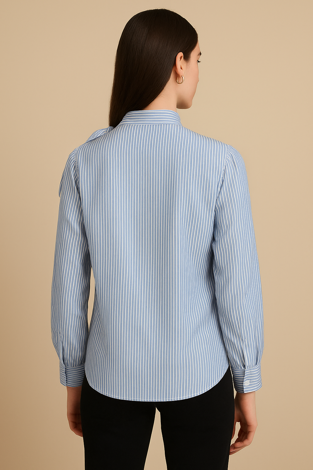 Light Blue Striped Bow Shoulder Long Sleeve Top