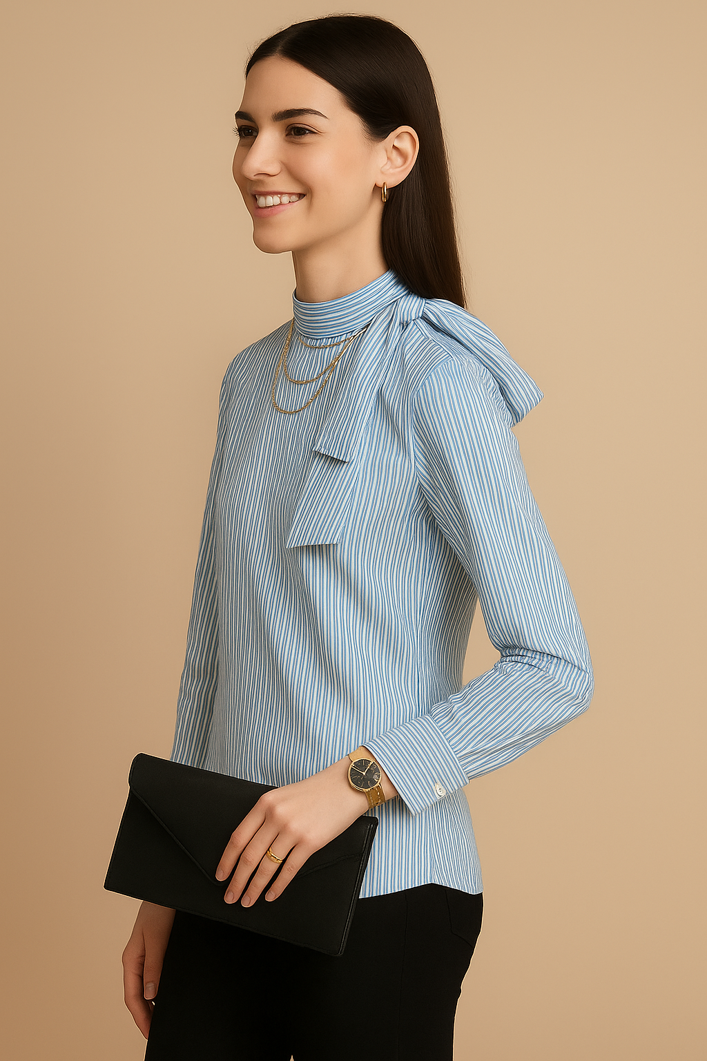 Light Blue Striped Bow Shoulder Long Sleeve Top