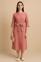 "Rust Red Vertical Stripe Midi Shirt Dress with Waist Tie"