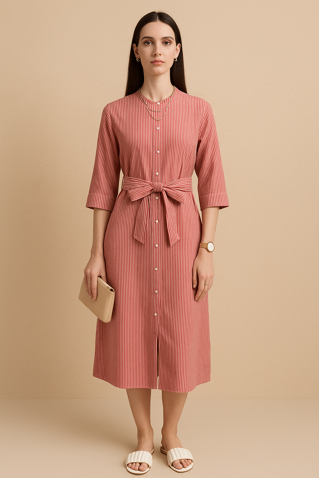 "Rust Red Vertical Stripe Midi Shirt Dress with Waist Tie"