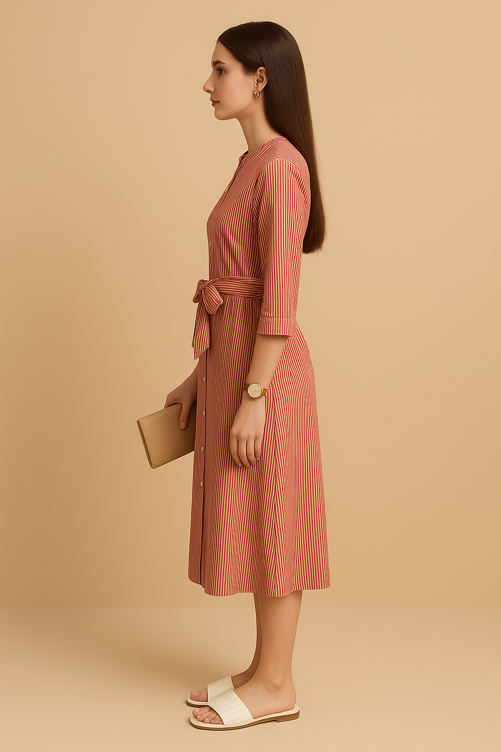 "Rust Red Vertical Stripe Midi Shirt Dress with Waist Tie"