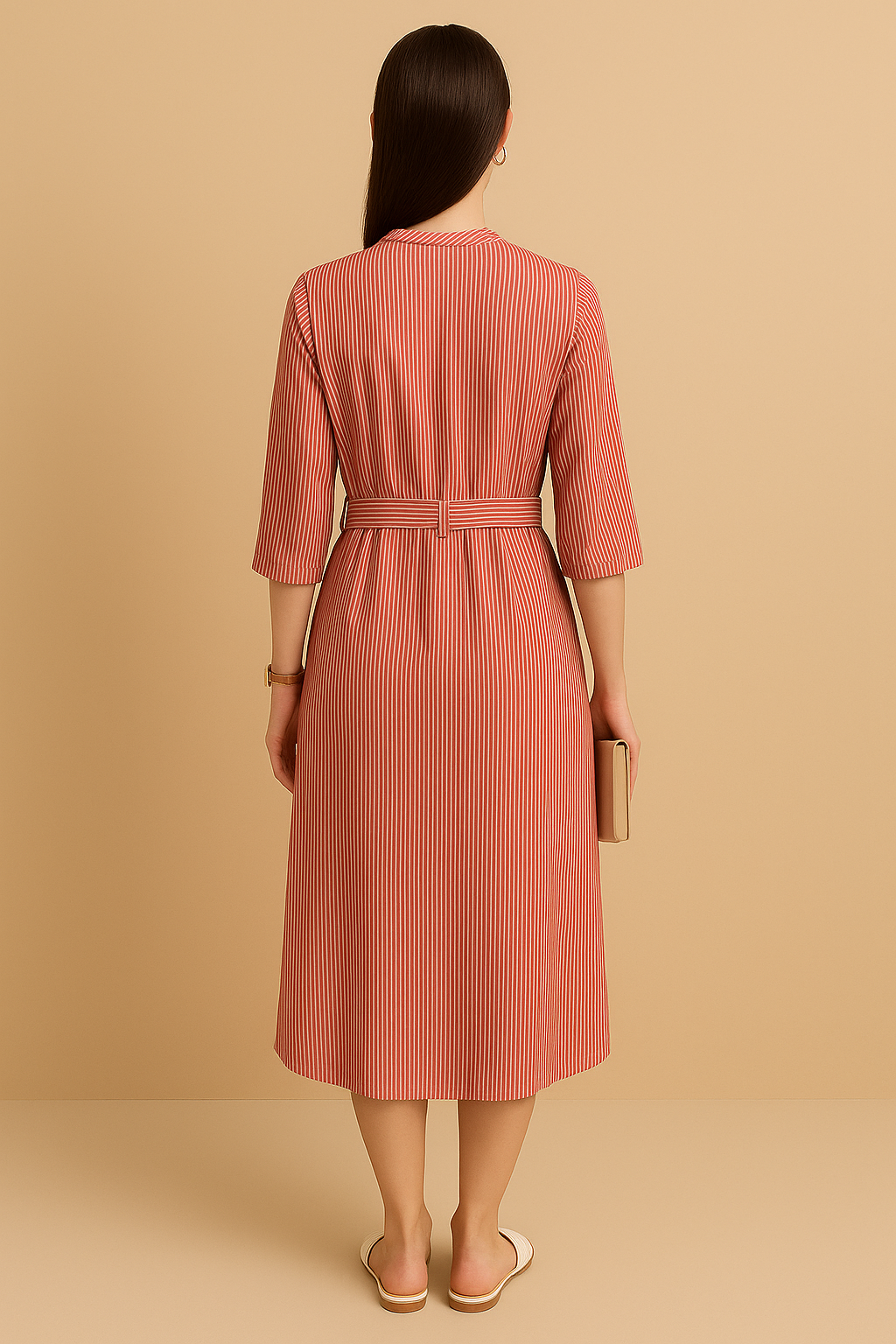 "Rust Red Vertical Stripe Midi Shirt Dress with Waist Tie"