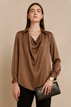 Brown Satin Draped Cowl Neck Blouse with Collared Detail and Long Sleeves