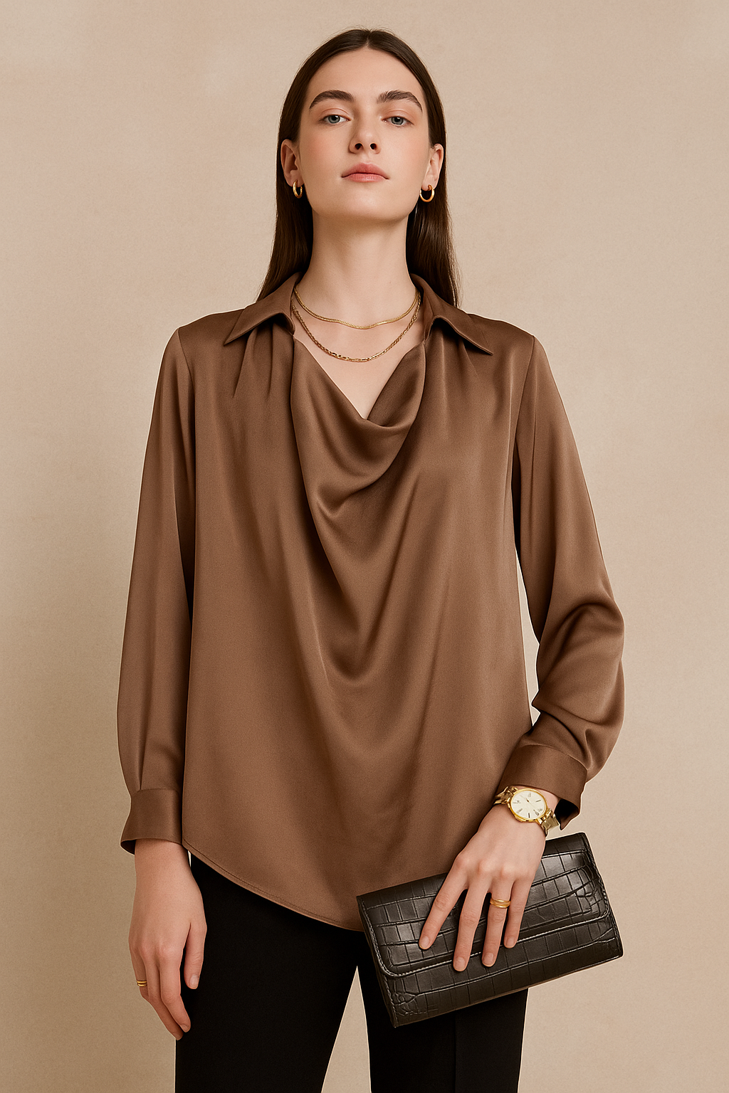 Brown Satin Draped Cowl Neck Blouse with Collared Detail and Long Sleeves