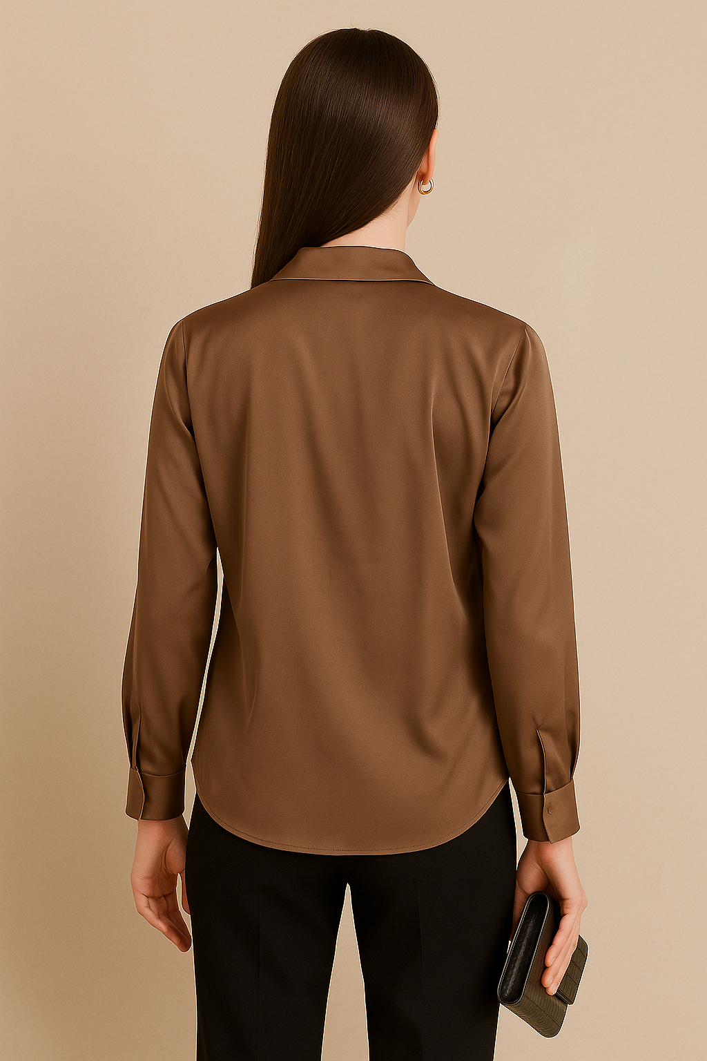 Brown Satin Draped Cowl Neck Blouse with Collared Detail and Long Sleeves