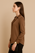 Brown Satin Draped Cowl Neck Blouse with Collared Detail and Long Sleeves