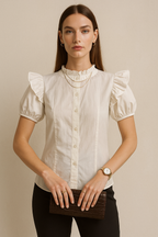 Ivory Button-Down Blouse with Ruffled Mock Neck and Puff Sleeves