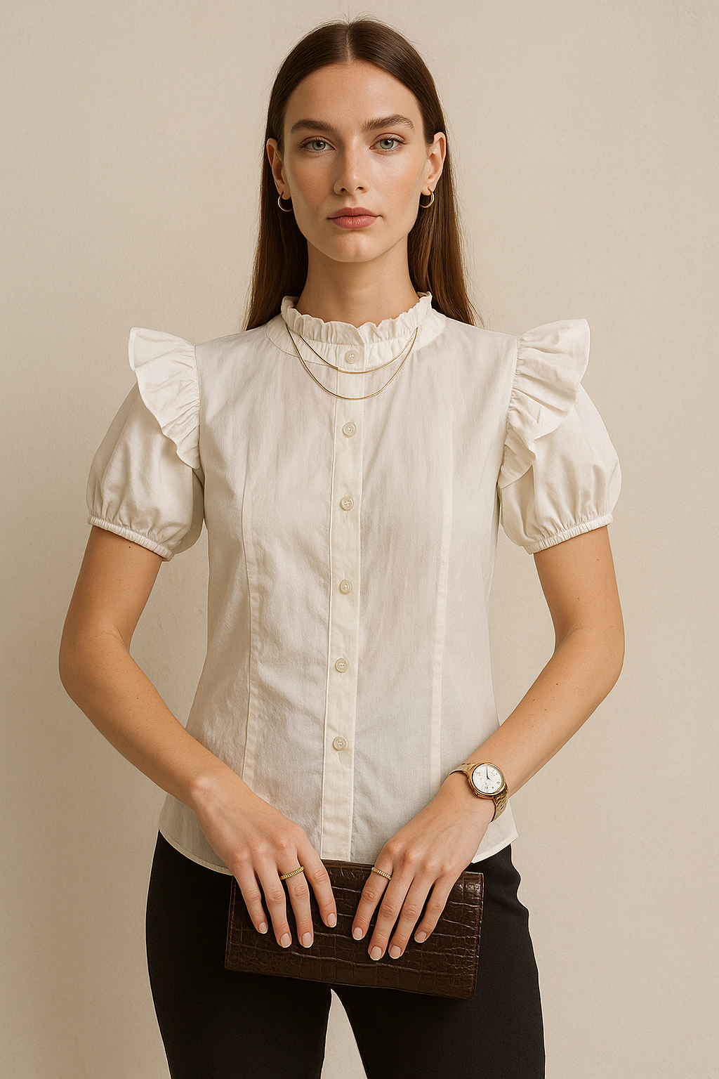 Ivory Button-Down Blouse with Ruffled Mock Neck and Puff Sleeves