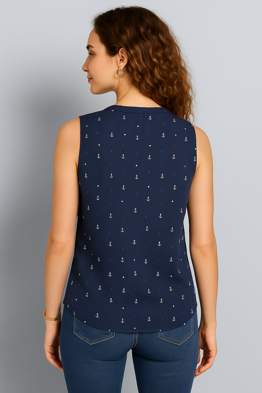 Navy Sleeveless Bow Tie Top with Anchor and Polka Dot Print