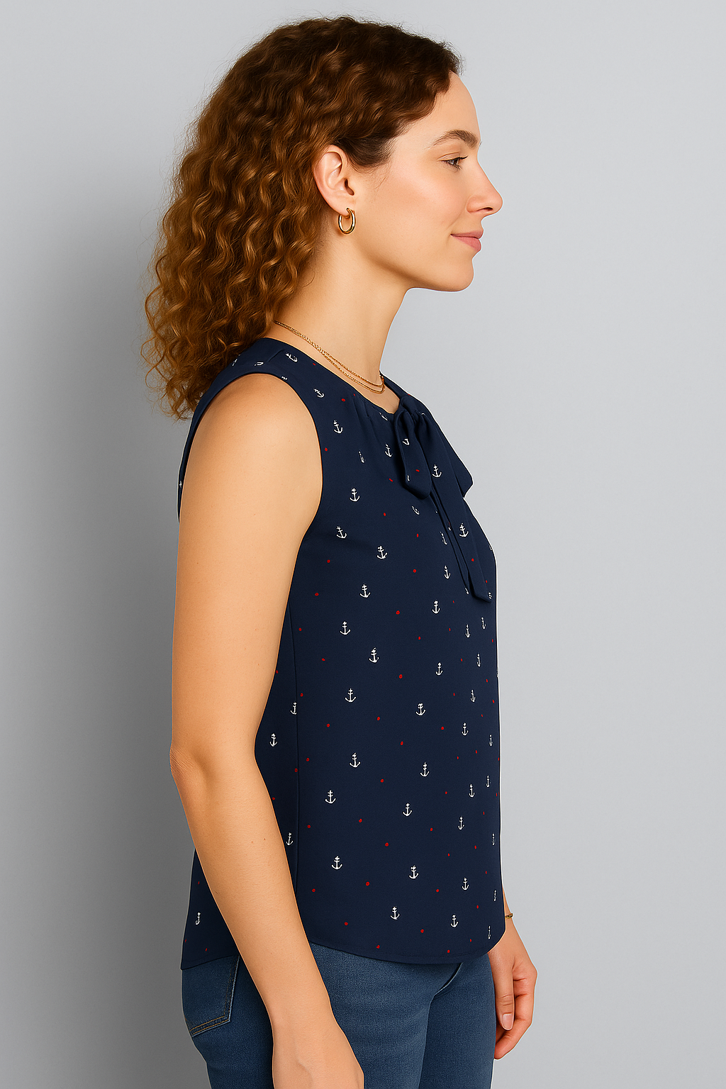 Navy Sleeveless Bow Tie Top with Anchor and Polka Dot Print