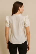 Ivory Button-Down Blouse with Ruffled Mock Neck and Puff Sleeves