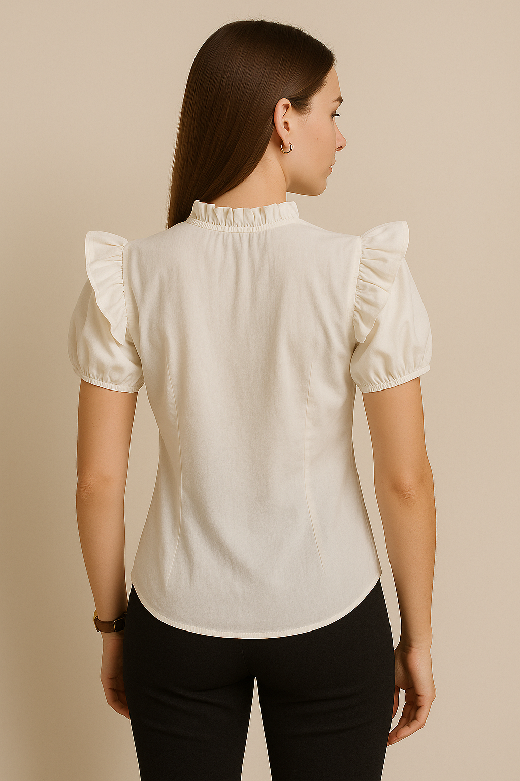 Ivory Button-Down Blouse with Ruffled Mock Neck and Puff Sleeves