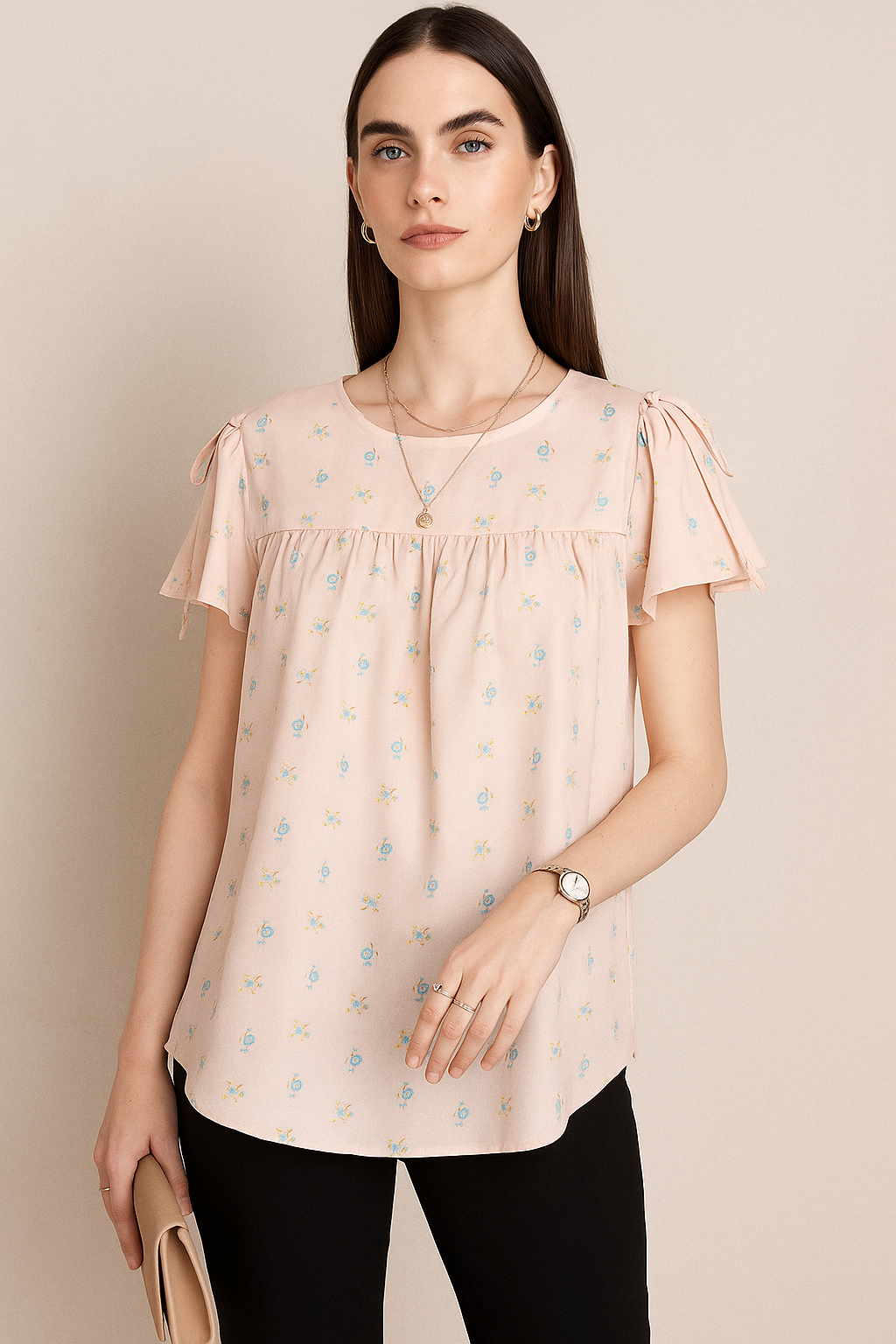 Blush Pink Floral Print Top with Flutter Sleeves and Shoulder Tie Detail