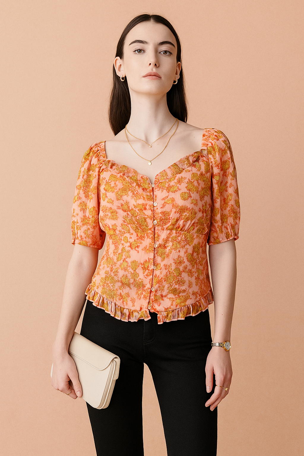 Peach Floral Sweetheart Neck Button-Down Blouse with Puff Sleeves and Ruffle Hem