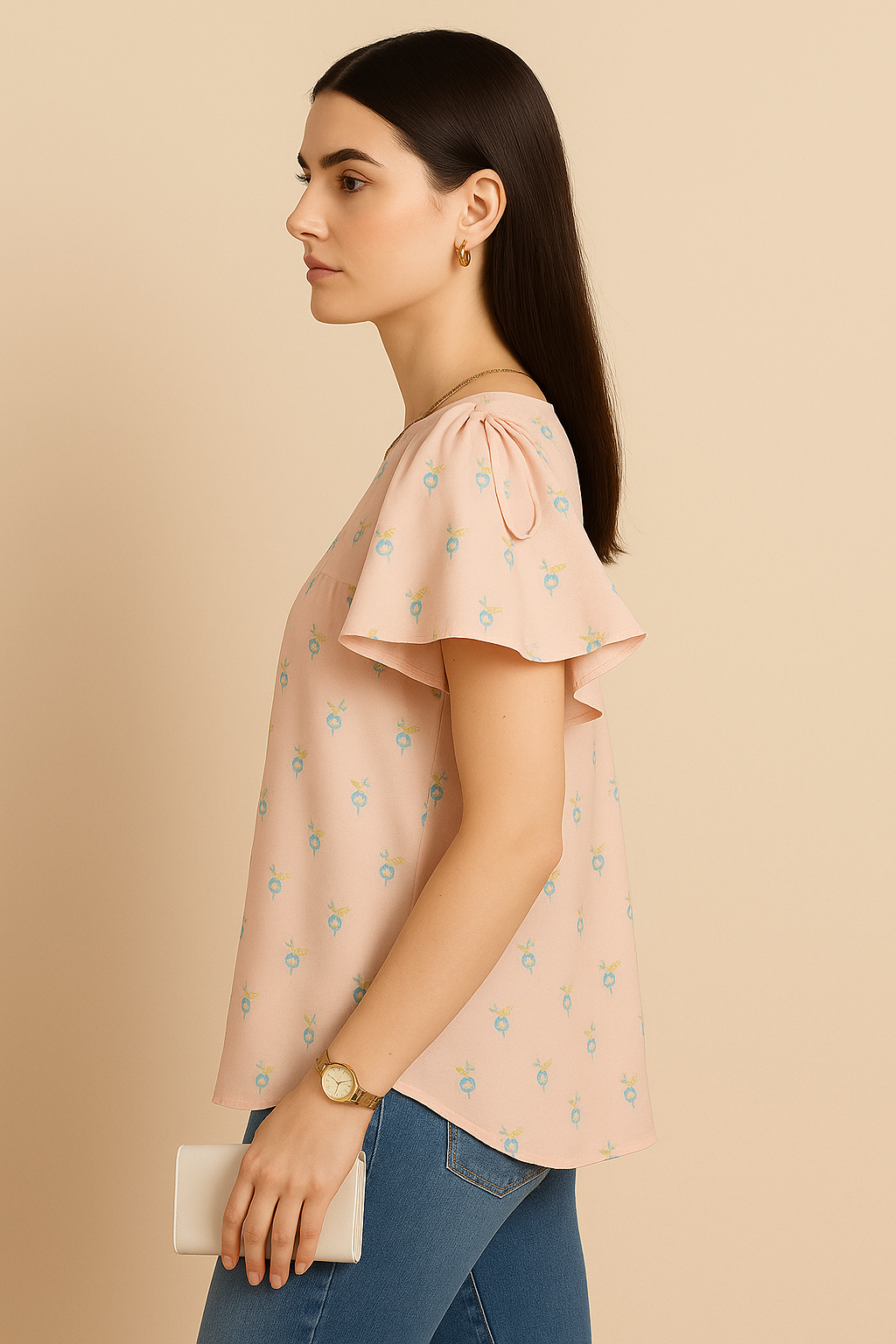 Blush Pink Floral Print Top with Flutter Sleeves and Shoulder Tie Detail