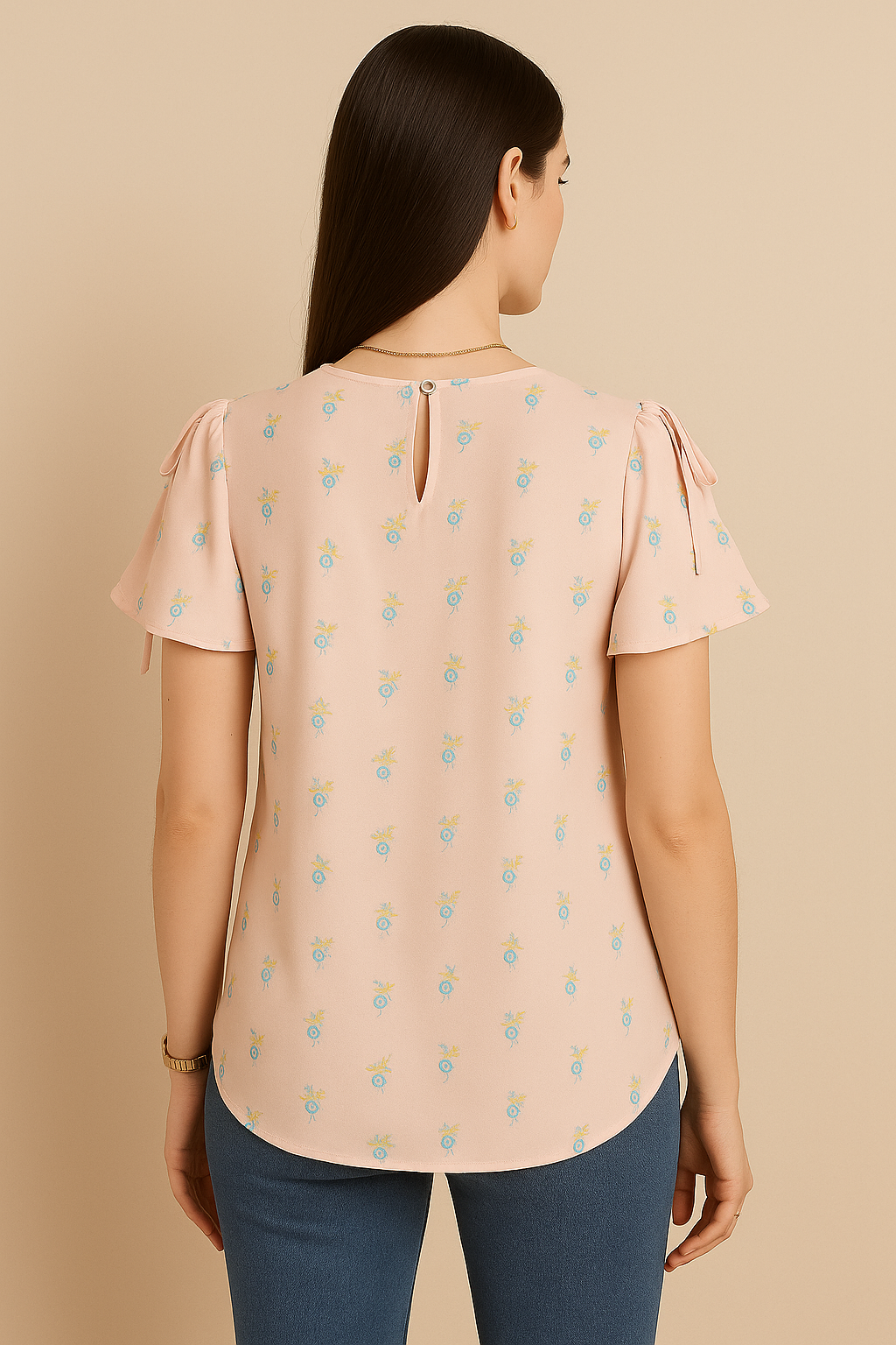 Blush Pink Floral Print Top with Flutter Sleeves and Shoulder Tie Detail