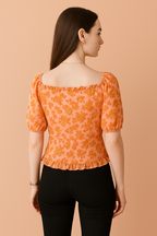 Peach Floral Sweetheart Neck Button-Down Blouse with Puff Sleeves and Ruffle Hem