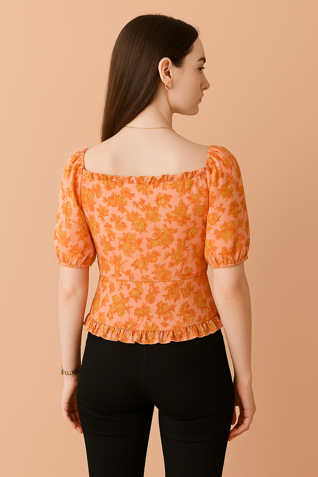 Peach Floral Sweetheart Neck Button-Down Blouse with Puff Sleeves and Ruffle Hem